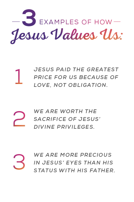 3 Examples of how Jesus values us: 1. Jesus paid the greatest price for us because of love, not obligation. 2. We are worth the sacrifice of Jesus