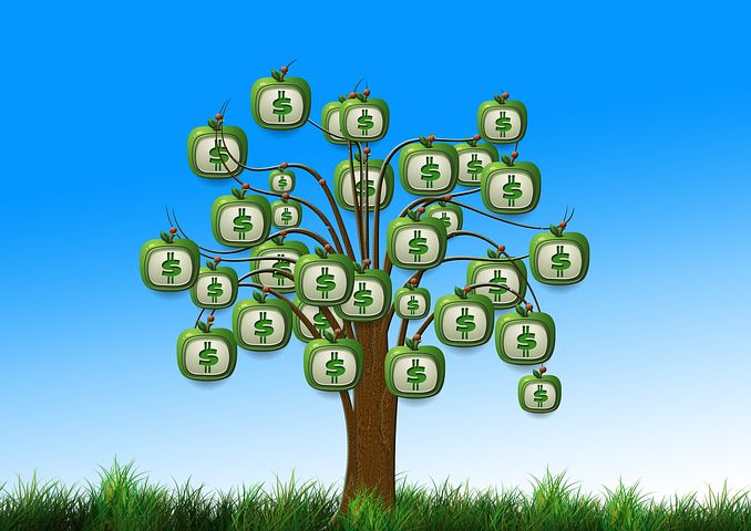 Cartoon image of tree full of dollars as fruit
