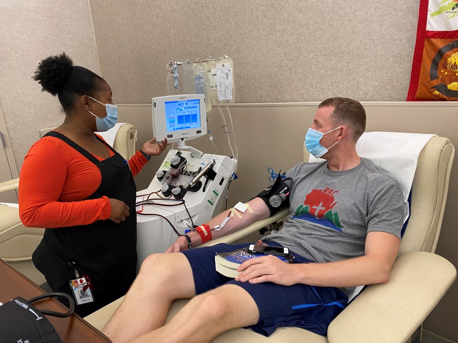 Clouse is shown participating in in the Community Blood Center’s Convalescent Plasma program 