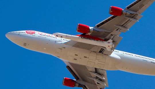 Virgin Orbit Boeing 747-400 rocket launch platform, named Cosmic Girl, takes off from Mojave Air and Space Port, Mojave (MHV) on its second orbital launch demonstration in the Mojave Desert, north of Los Angeles.