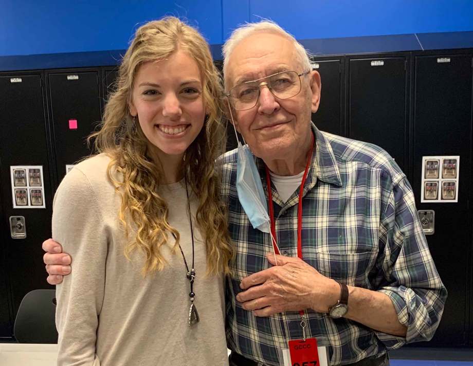 Anna Kinsinger and her grandfather, John, at Greene County Career Center in Xenia, Ohio, where Anna completed her student teaching.