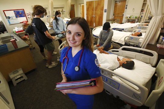First year nursing student, Emma Champlin, in her clinical laboratory class at Fresno State
