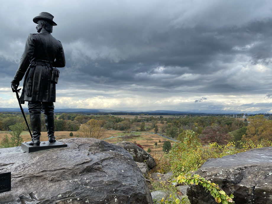 A statue of Union General Gouverneur K. Warren overlooking the battlefield from Little Round Top in Gettysburg, Pennsylvania
