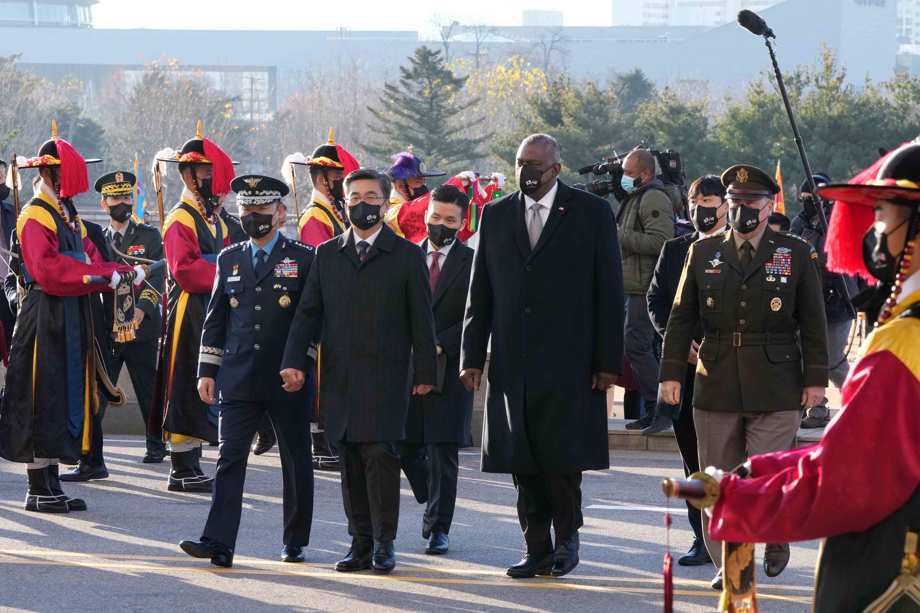 U.S. Defense Secretary Lloyd Austin, center right, and South Korean Defense Minister Suh Wook, center left, inspect a guard of honor during a welcoming ceremony at the Defense Ministry in Seoul, South Korea, Thursday, Dec. 2, 2021.