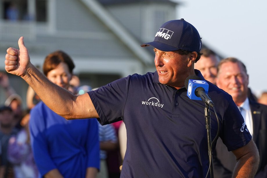 Phil Mickelson speaks after winning the PGA Championship golf tournament on the Ocean Course, May 23, 2021, in Kiawah Island, S.C. Mickelson has not been heard from in three months. It is uncertain if he will defend his title at Southern Hills on May 19-22.