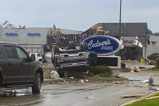 Upended vehicle following tornado