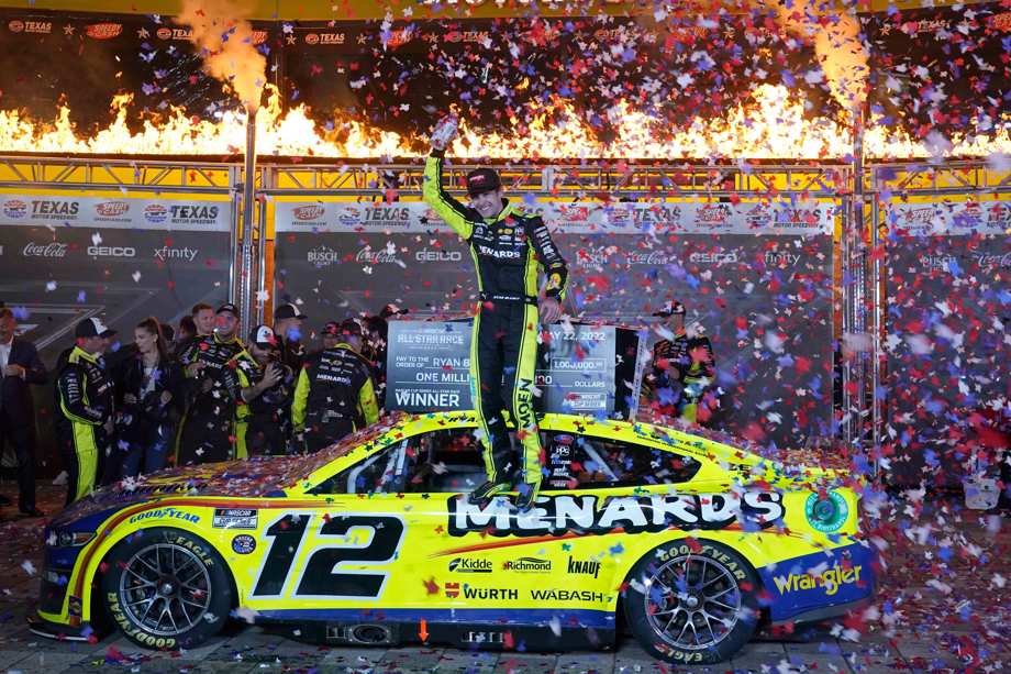 Ryan Blaney (12) celebrates in Victory Lane after winning the NASCAR All-Star auto race at Texas Motor Speedway in Fort Worth, Texas, Sunday, May 22, 2022.