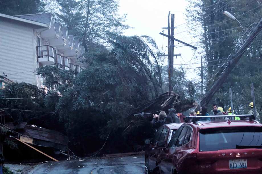 A tree lies across Gastineau Avenue after falling between two homes and crushing at least one vehicle in Juneau, Alaska, Monday, Sept. 26, 2022.