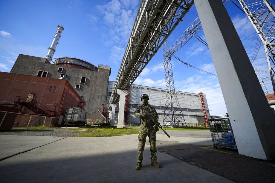 A Russian serviceman guards in an area of the Zaporizhzhia Nuclear Power Station 