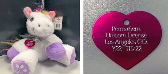 A created a unicorn license tag, right, and a plush toy unicorn, 