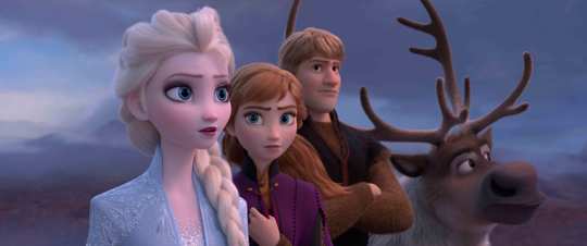 Elsa, voiced by Idina Menzel, from left, Anna, voiced by Kristen Bell, Kristoff, voiced by Jonathan Groff and Sven in a scene from the animated film, "Frozen 2."