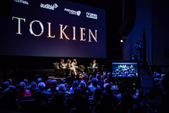 In this photo dated, May 7, 2019 a panel discusses the 2019 American biographical film, Tolkien.