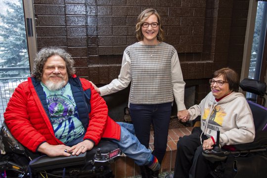 Co-directors Jim LeBrecht, left, and Nicole Newnham join one of the subjects, Judith Heumann, from the documentary "Crip Camp" to pose for a portrait during the 2020 Sundance Film Festival on Friday, Jan. 24, 2020, in Park City, Utah.
