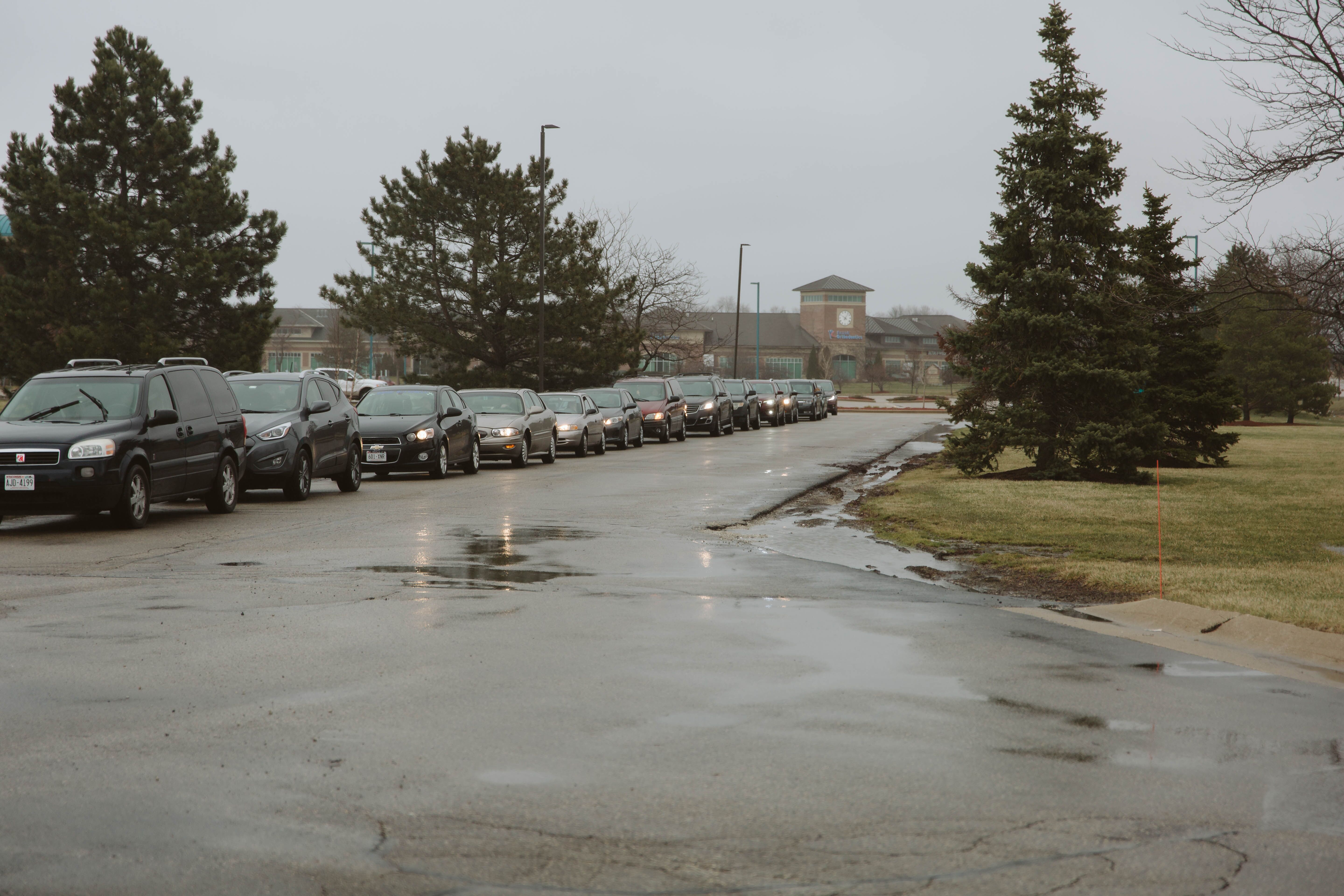 Cars lined up for free groceries