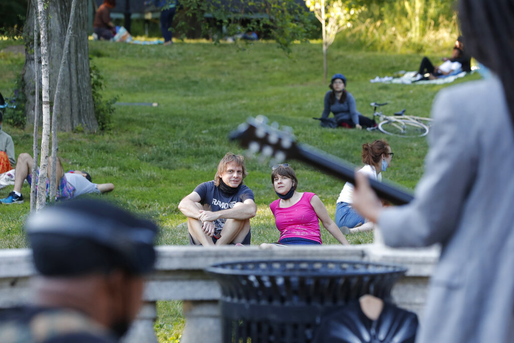 People listening to band in NYC park