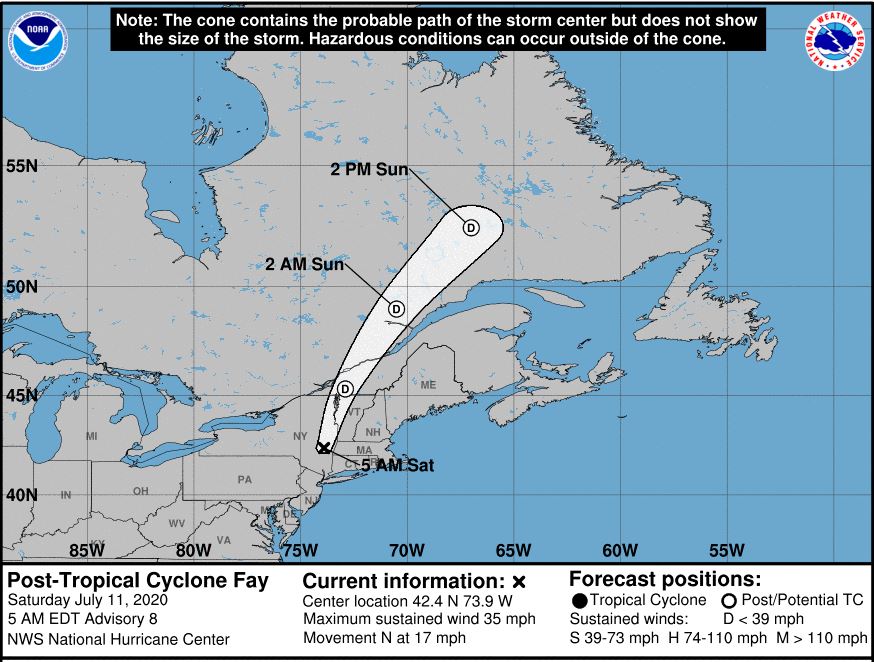 Path of Tropical Storm Fay as of Saturday morning July 11, 2020