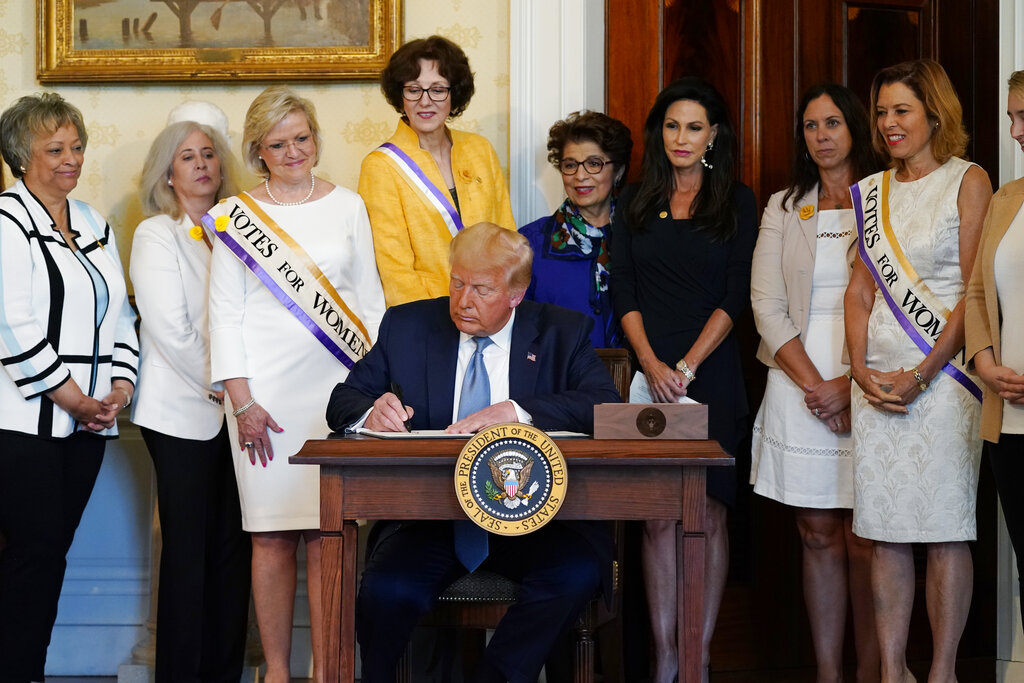 President Donald Trump signs a proclamation recognizing the 100th anniversary of the ratification of the 19th Amendment