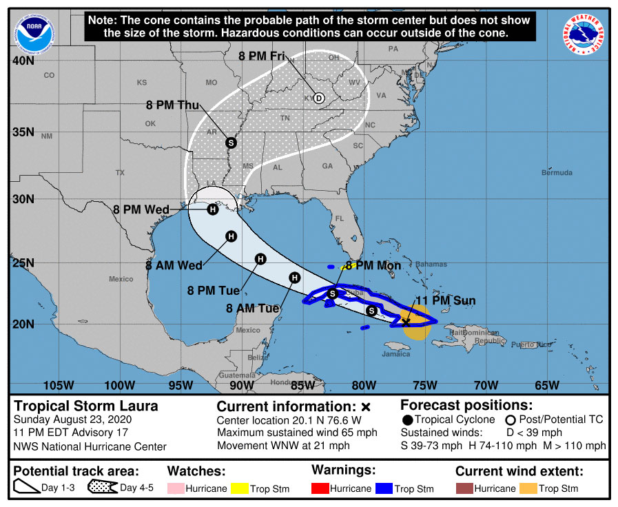 Projected path of Tropical Storm Laura