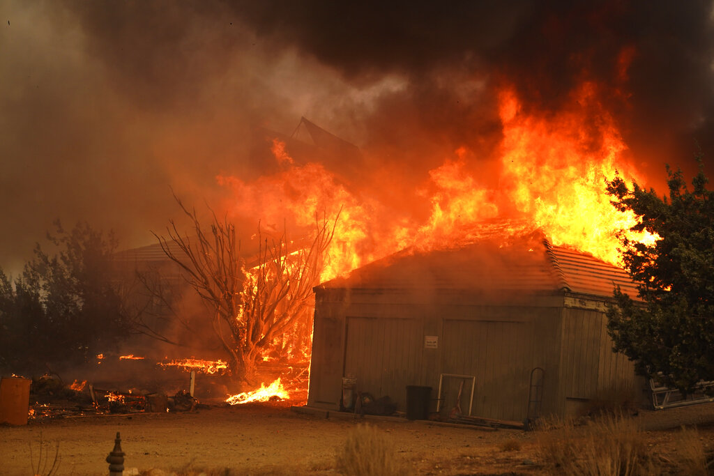 A home burns along Cima Mesa Rd. as the Bobcat Fire advances