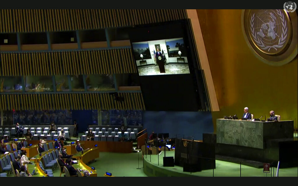 In this image made from UNTV video, President Donald Trump speaks in a pre-recorded message which was played during the 75th session of the United Nations General Assembly