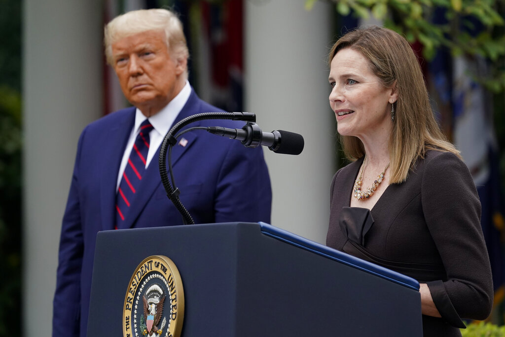 Judge Amy Coney Barrett speaks after President Donald Trump announced Barrett as his nominee to the Supreme Court, in the Rose Garden