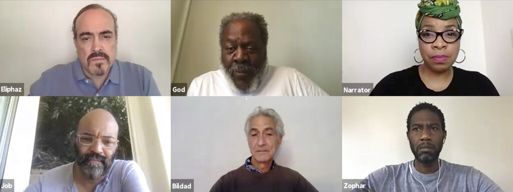 Clockwise from top left, actors David Zayas, Frankie Faison, Kimberly Hebert, Jumaane Williams, David Strathairn and Jeffrey Wright perform in a virtual production of "The Book of Job Project." The performance, retelling an ancient biblical story of a righteous man