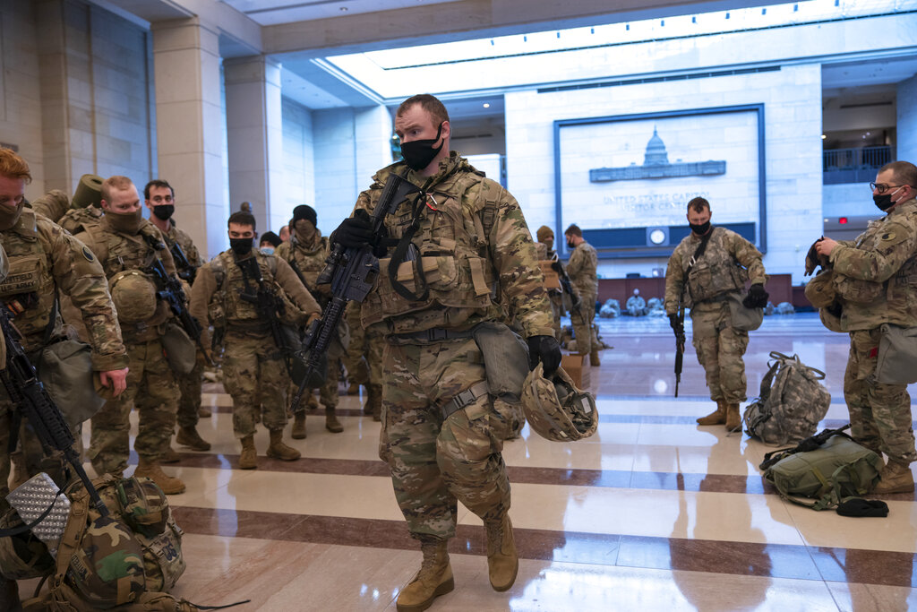 Hundreds of National Guard troops hold inside the Capitol Visitor's Center 