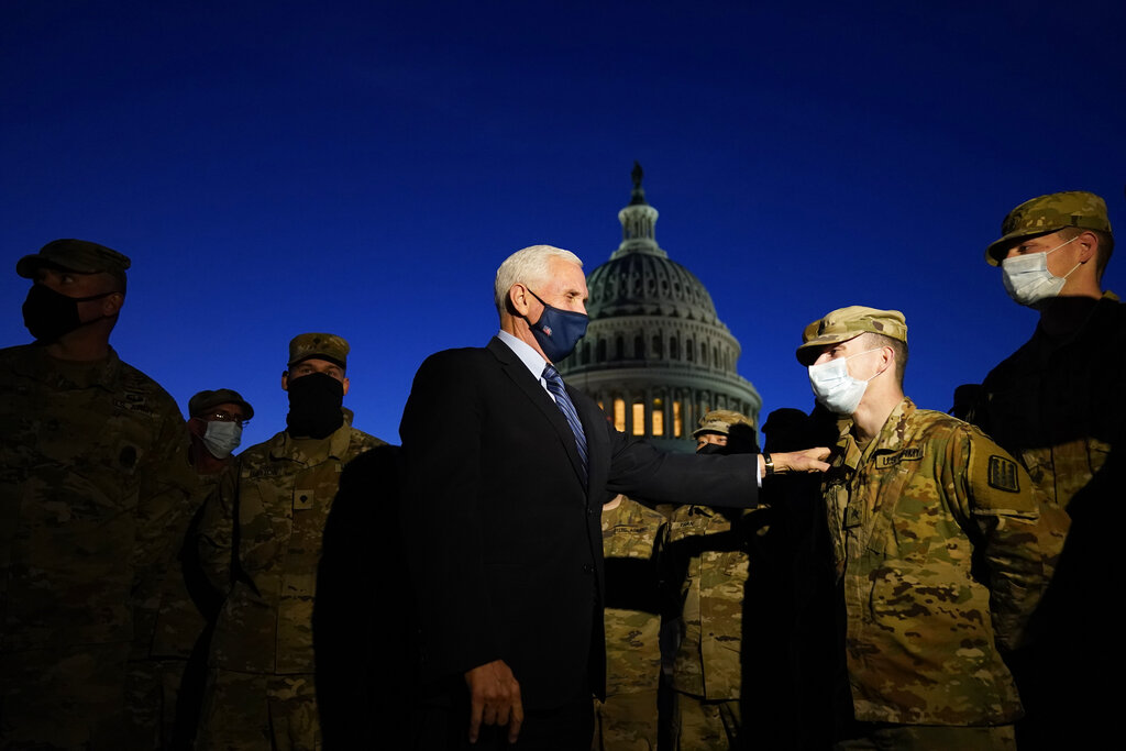 Vice President Mike Pence speaks to National Guard troops outside the U.S. Capitol