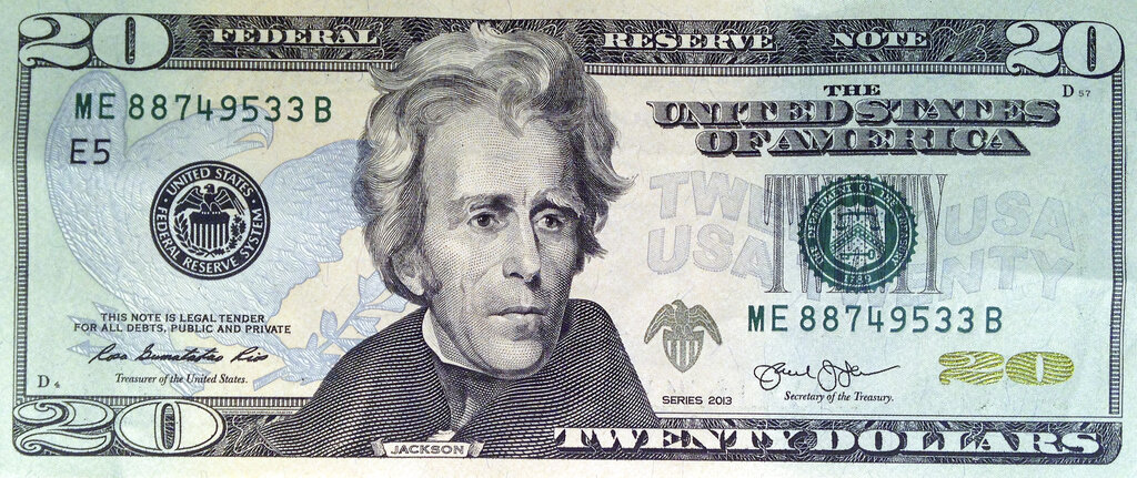 $20 bill, featuring a likeness of Andrew Jackson, seventh president of the United States