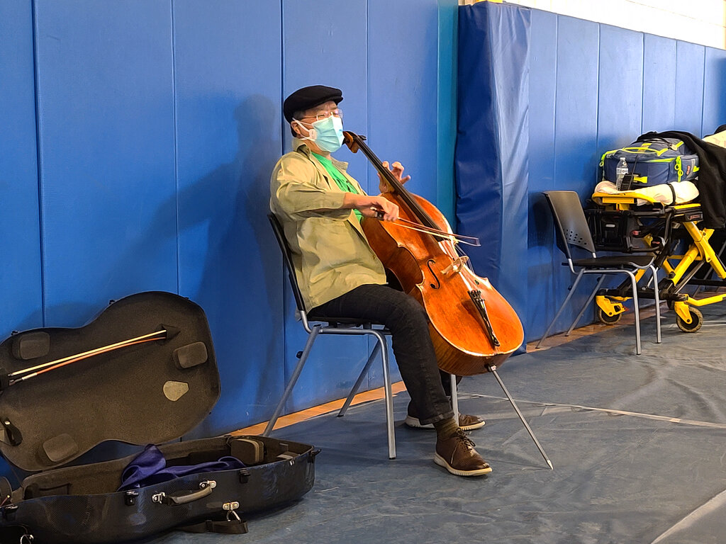 Cellist Yo-Yo Ma performing at Berkshire Community College’s second dose Pfizer vaccination clinic in the Paterson Field House 