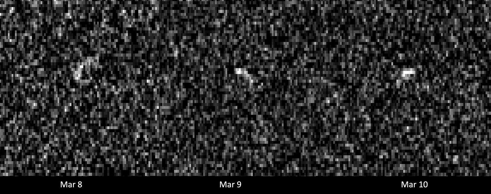 These images of asteroid Apophis were recorded by radio antennas at the Deep Space Network’s Goldstone complex in California and the Green Bank Telescope in West Virginia. The asteroid was 10.6 million miles (17 million kilometers) away