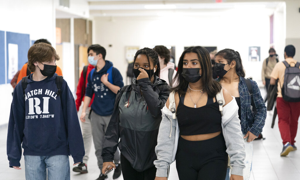 White Plains High School students walk between classes in White Plains, N.Y. 