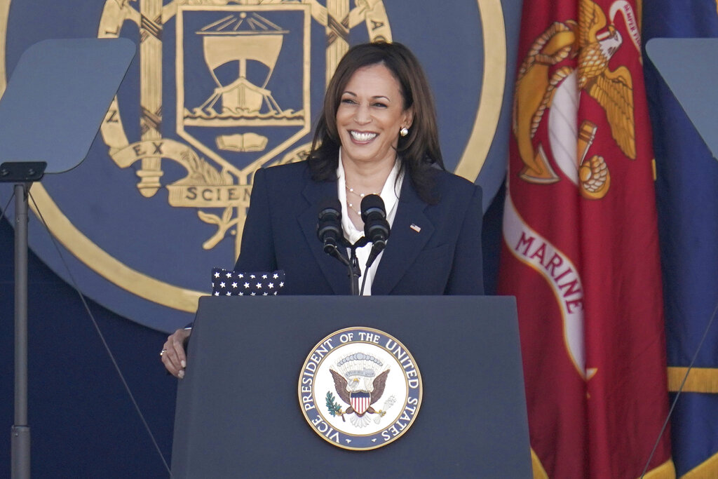 Vice President Kamala Harris speaks at the graduation and commission ceremony at the U.S. Naval Academy in Annapolis, Md.,