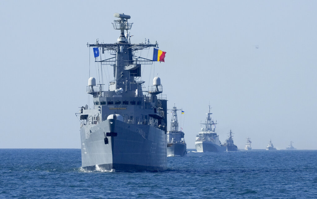 NATO warships are in battle formation during Sea Breeze 2021 maneuvers, in the Black Sea