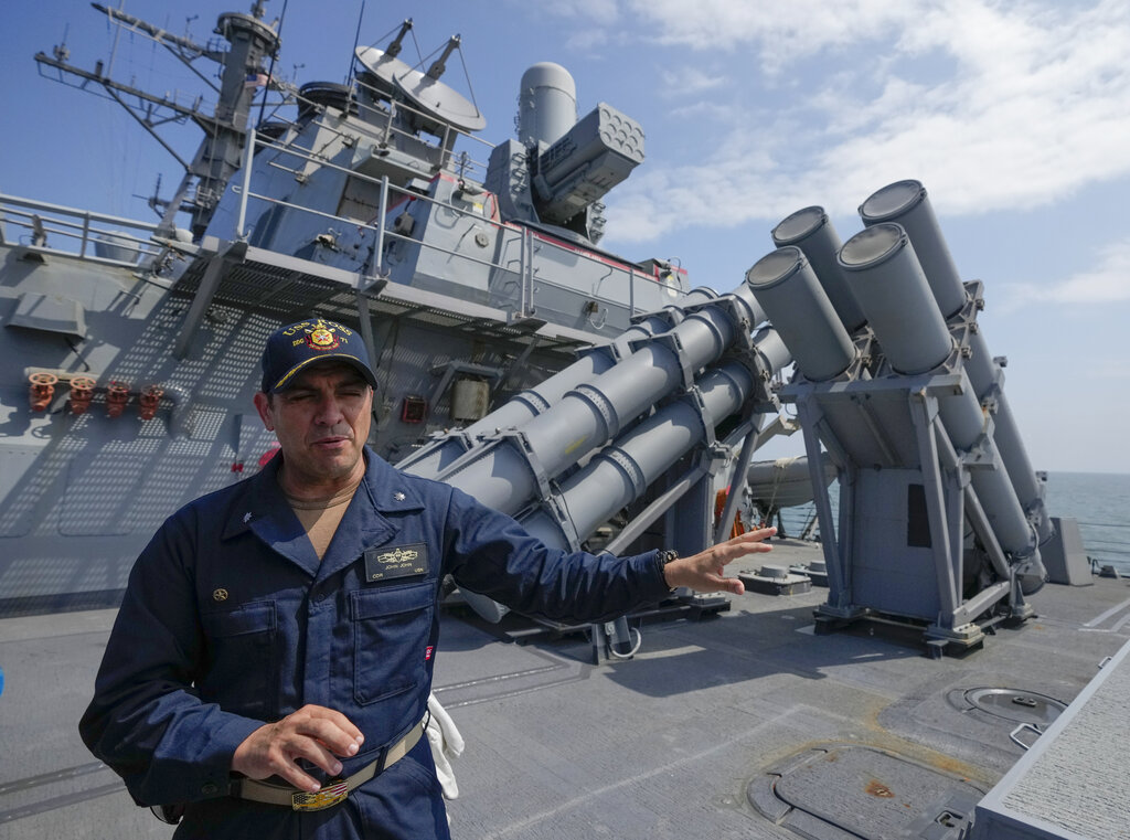 John D. John, commanding officer of guided-missile destroyer USS Ross, speaks to the media, during Sea Breeze 2021 maneuvers, in the Black Sea