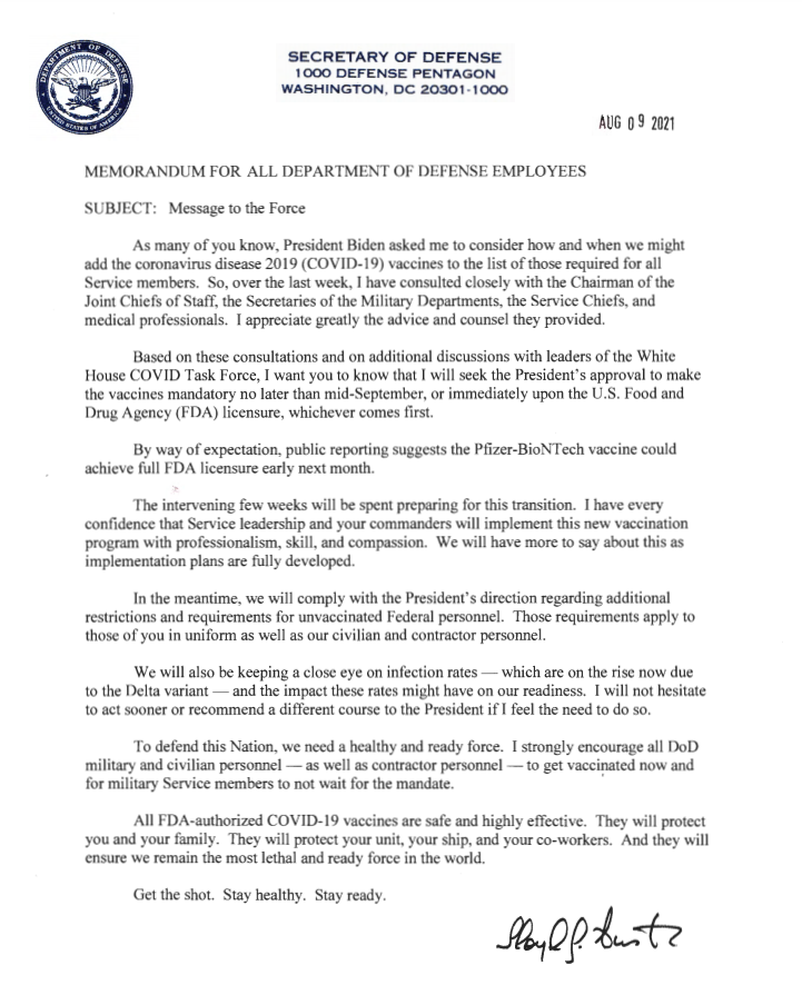 Letter from Defense Secretary Austin