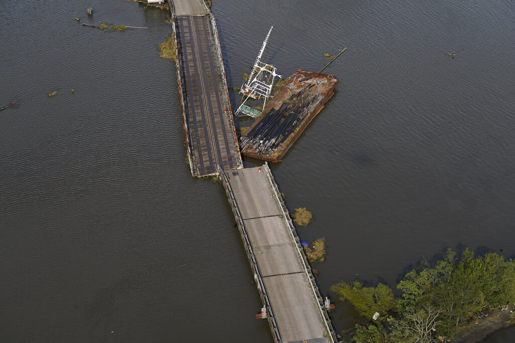 Bridge damaged by barge after Hurricane Ida