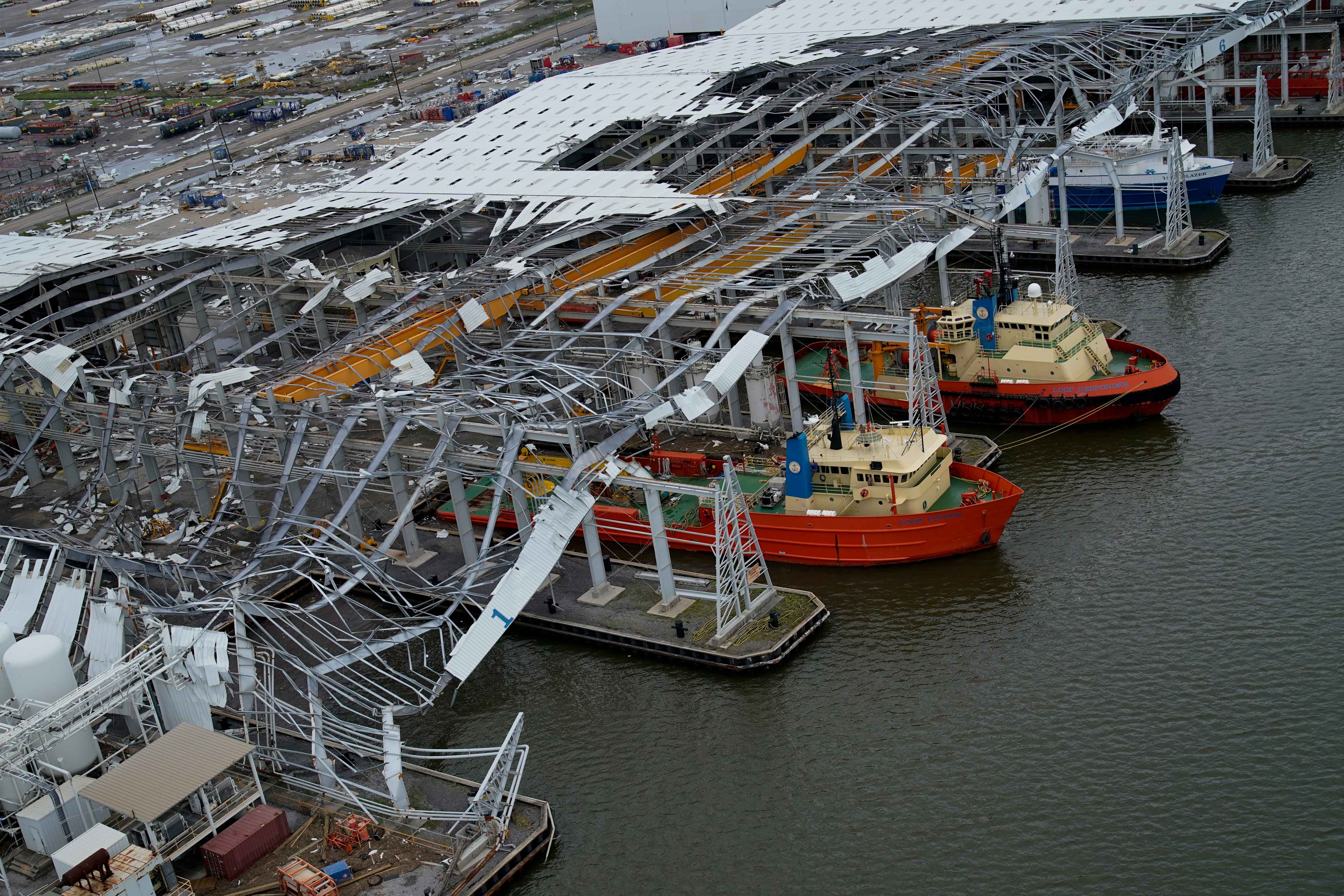 Damage to ship docking facilities from Hurricane Ida