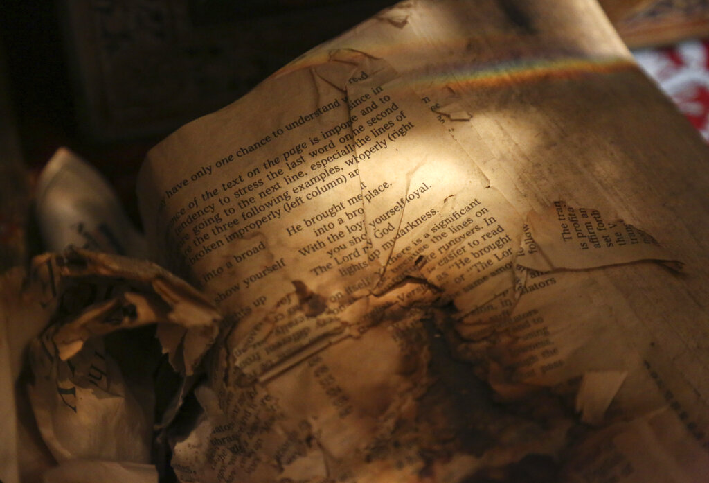 A charred Bible recovered from the original St. Nicholas Greek Orthodox Church, destroyed in the Sept. 11, 2001 attacks, is preserved