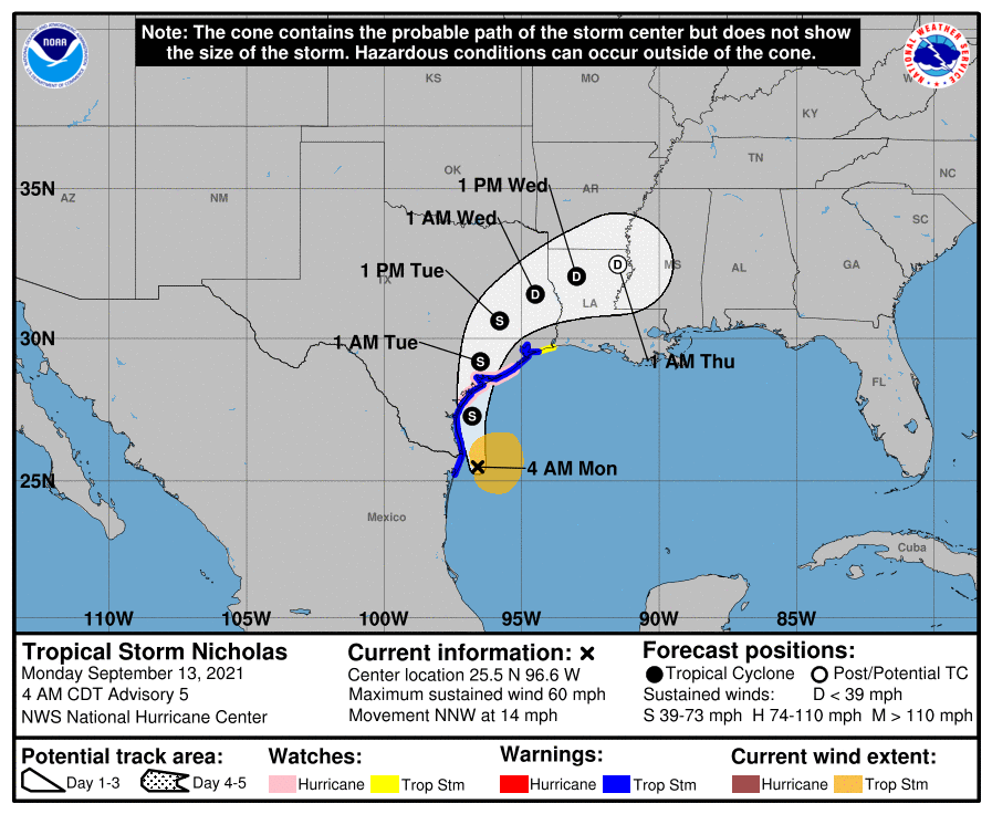 Tropical Storm Nicholas Warning Cone 