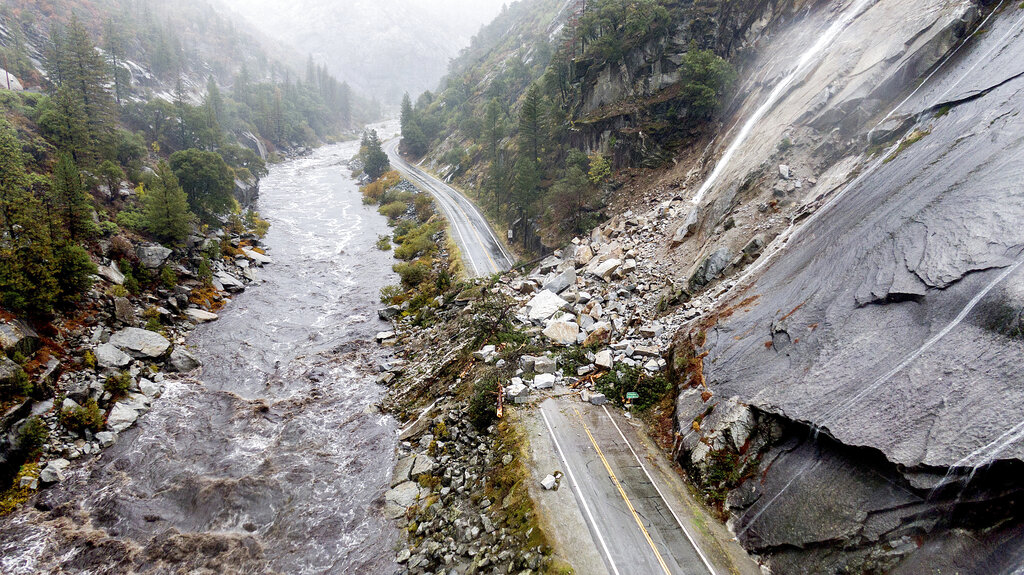 Highway 70 landslide after heavy rainfall in the Dixie Fire zone in Northern California 