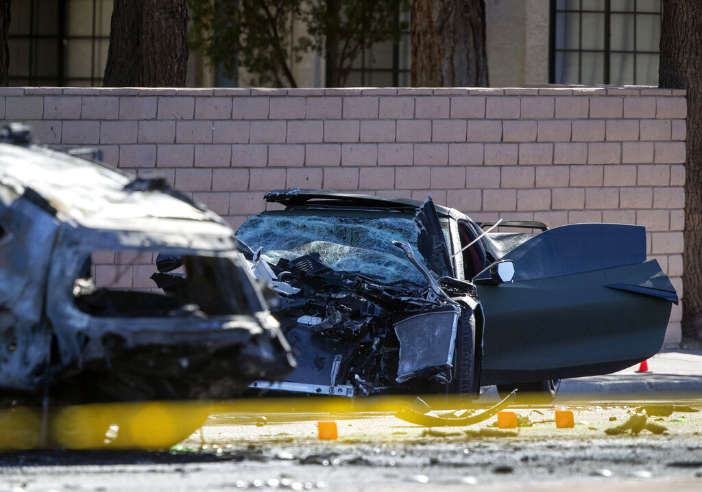 A Chevrolet Corvette is shown at the scene of a fatal crash on South Rainbow Boulevard between Tropicana Avenue and Flamingo Road in Las Vegas