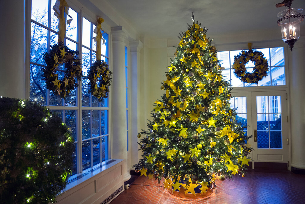 The Gold Star Tree sits in the East Landing of the White House during a preview of the White House holiday decorations