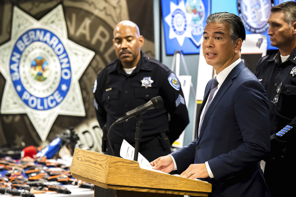 California Attorney General Rob Bonta announces speaks during a press conference at the San Bernardino Police Station