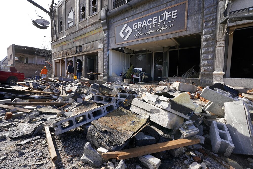Damage from a tornado is seen in downtown Mayfield, Ky.