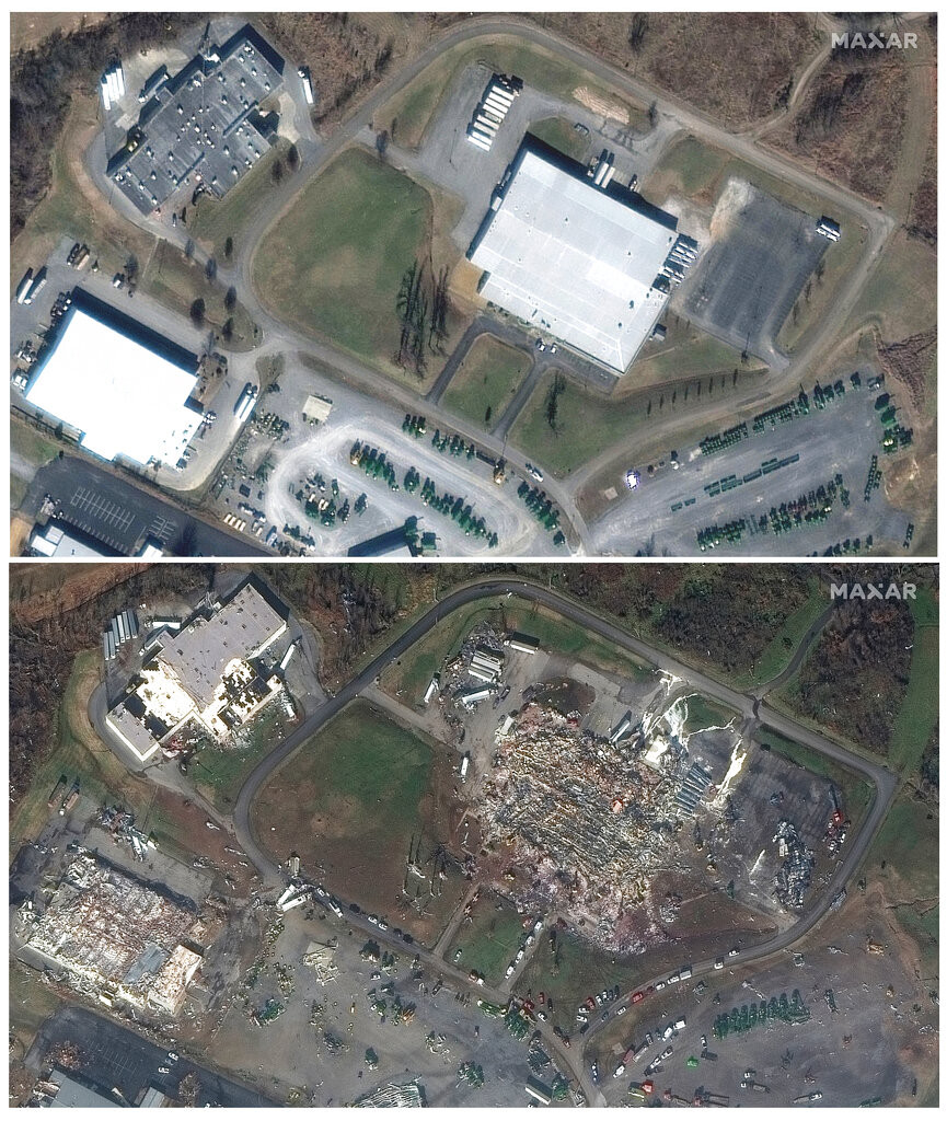 This combination of satellite images provided by Maxar Technologies shows Mayfield Consumer Products candle factory and nearby buildings, in Mayfield, Ky.