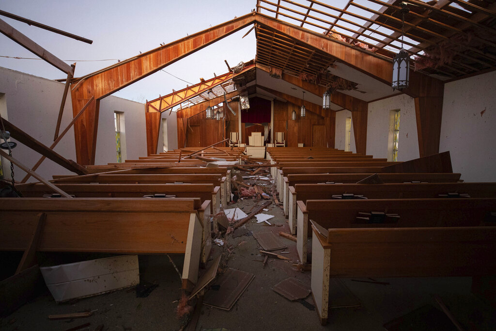 The remains of Dawson Springs Primitive Baptist Church after a tornado in Dawson Springs, Ky.