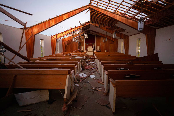 The remains of Dawson Springs Primitive Baptist Church after a tornado in Dawson Springs, Ky.