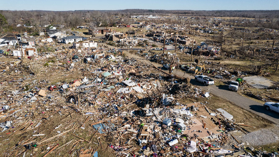 Aerial view of extreme tornado damage in Dawson Springs, Ky.