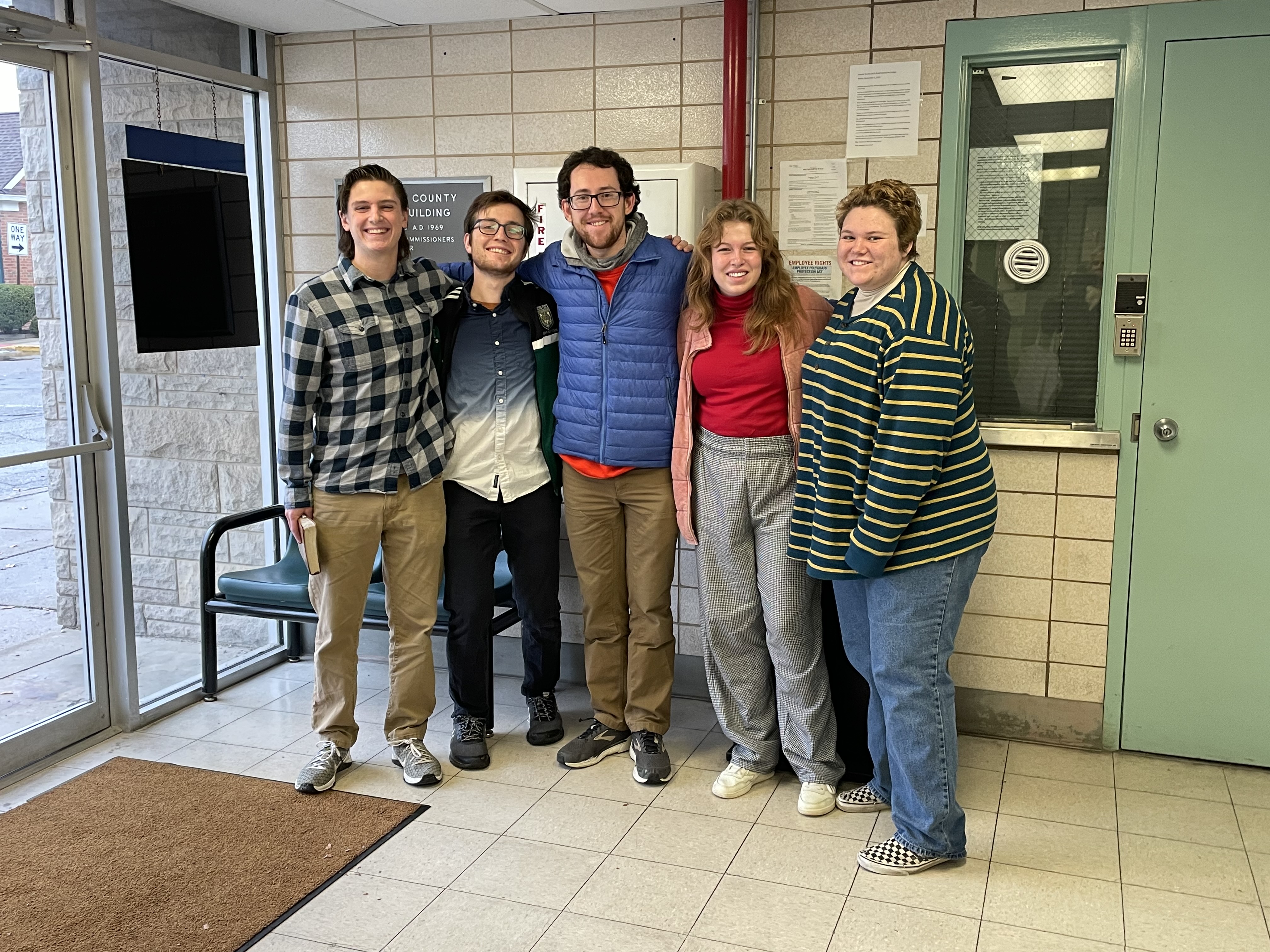 Jail ministry student chaplains, including Jeremy Gieske (second from left), Kelton Moore (middle) and Hannah Jeffers (right)